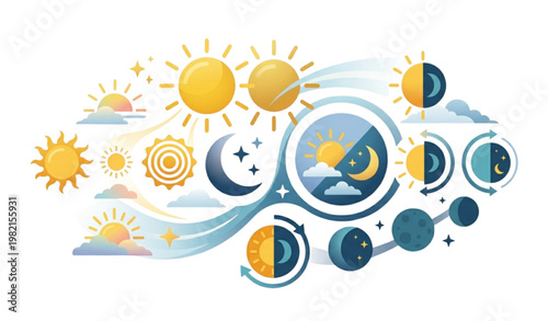 Modern day night cycle icons with sun moon and transition symbols vector illustration isolated on white background for nature concept
