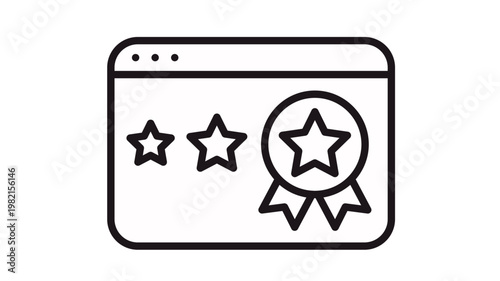 Web browser rating vector icon with three stars and an award badge symbol, representing online quality, customer feedback, and high-performance website ranking in a clean minimalist style.