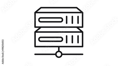 Black vector icon of stacked server units with a network connection symbol, minimalist illustration representing data center, cloud computing, web hosting, database storage, and IT infrastructure.