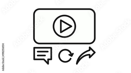 Minimalist black vector icon set for video player interface featuring play button, comment bubble, replay arrow, and share symbol, ideal for multimedia web design and mobile app UI.