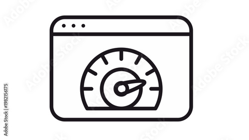 Web Browser Performance and Speed Optimization Vector Icon. Minimalist Black Silhouette Illustration of a Website Window with a Speedometer Gauge for SEO, Fast Loading, and Internet Speed.