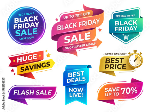 Modern Black Friday Sale Banners Set with Gradient Ribbons, Discount Labels, Promotional Badges and Deal Tags Vector Collection