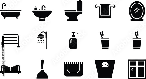 Collection of bathroom and restroom interior furniture and accessories icons set isolated on white