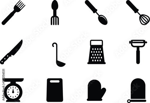 Set of black flat icons representing various kitchen tools and cooking equipment on white background.