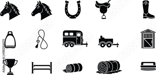 Set of equestrian and horse riding icons including horse heads, saddle, and equipment