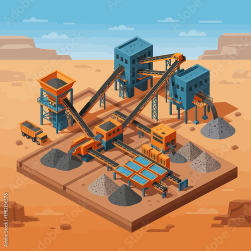 Isometric Mining Operation with Conveyor Belts and Processing Plants.