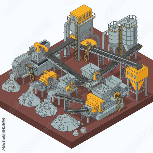 Isometric View of a Stone Crushing Plant with Conveyor Belts.