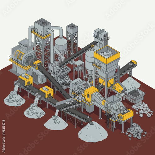 Schilderij op canvas Isometric Illustration of a Stone Quarry Processing Plant.