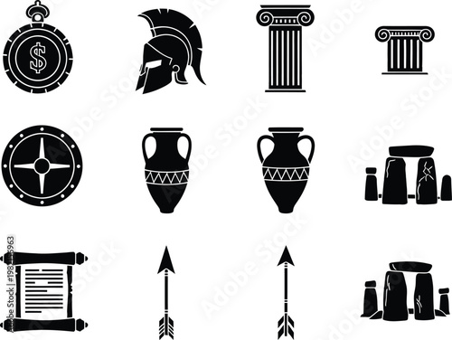 Collection of ancient history and archaeology black silhouette icons on a white background