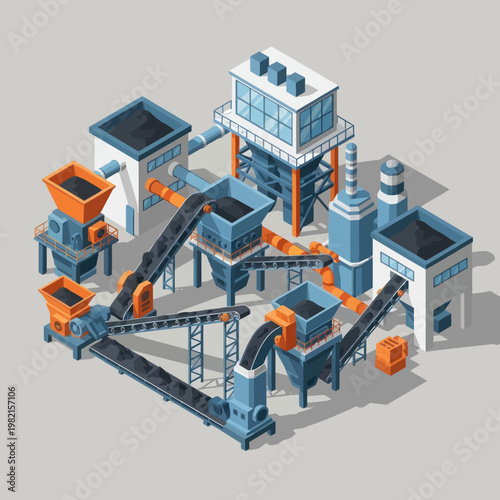 Isometric Coal Mining Plant Illustration with Conveyor Belts.