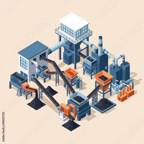 Isometric Coal Mining Plant Illustration - Industrial Processing and Extraction.