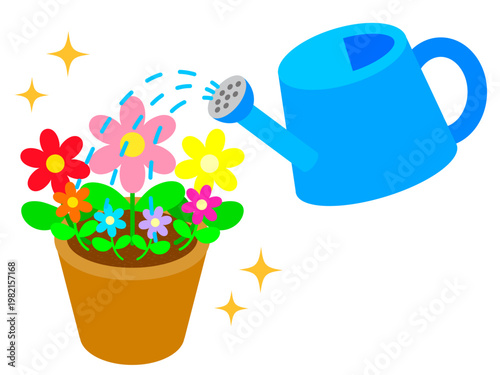 ジョウロでお花に水やりするイラスト素材2