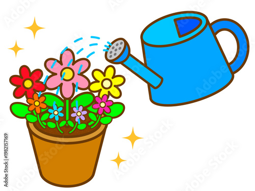 ジョウロでお花に水やりするイラスト素材