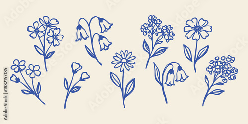 Wildflower set naive doodle vector illustration