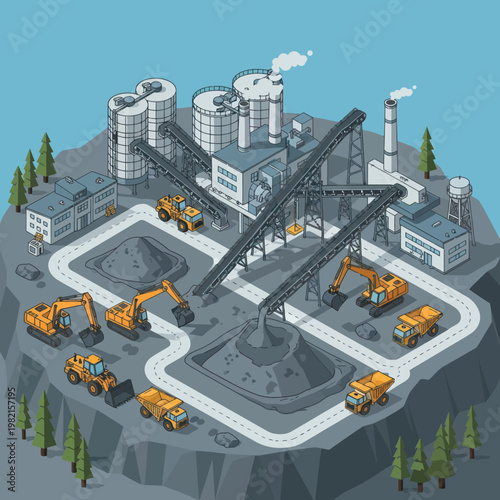 Isometric Coal Mining Operation with Heavy Machinery and Processing Plant.