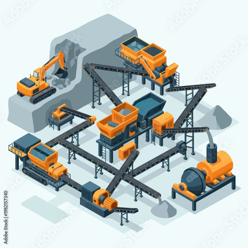 Isometric Mining Quarry Plant with Conveyor Belts and Machinery.