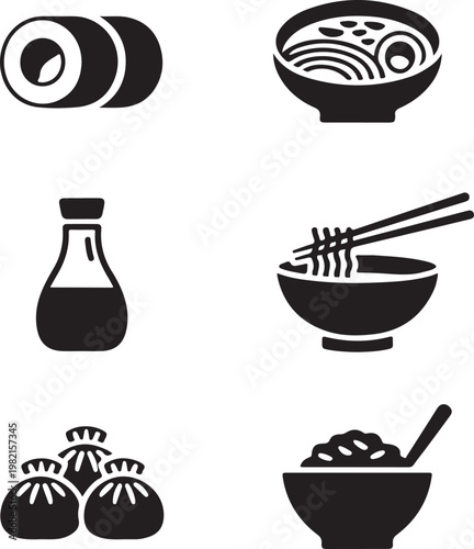 Essential collection of delicious Asian food staples and oriental cuisine icons for restaurants