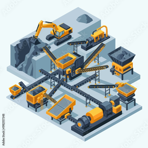 Isometric Mining Operation Illustration with Heavy Machinery and Conveyor Belts.