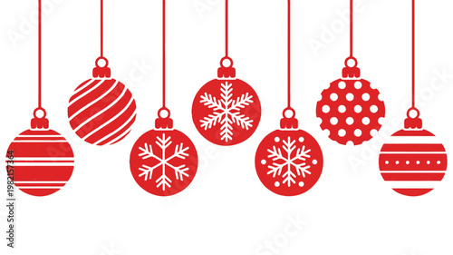 red christmas baubles hanging on strings with various patterns