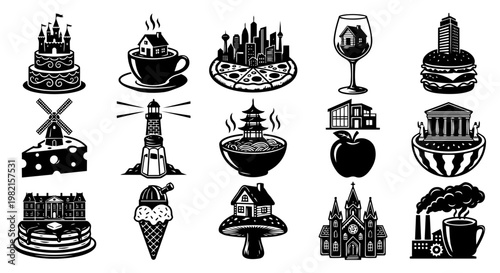 A collection of surreal black and white illustrations depicting various buildings and cityscapes creatively integrated into everyday food items and objects, offering unique design concepts.