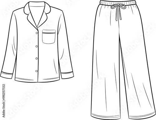 Women’s pajama set flat vector, button shirt and drawstring pants