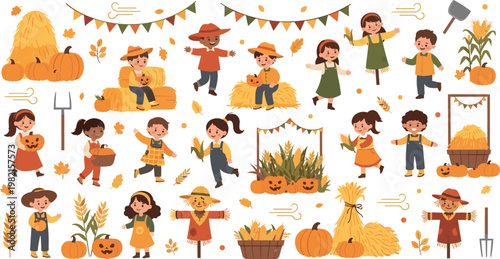 Harvest Festival Kids Illustration Set with Children Playing, Picking Pumpkins, and Enjoying Fall Activities with Hay Bales, Scarecrows, and Autumn Decorations for Seasonal Designs