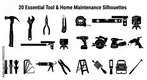 Essential tool and home maintenance silhouettes featuring a diverse collection of hand and power tools for DIY, repair, and construction projects.