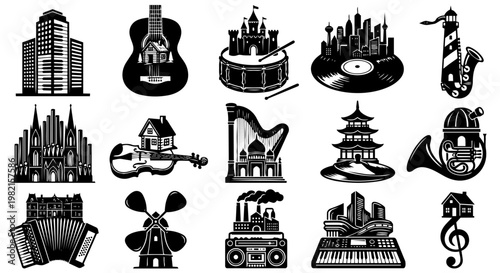 A collection of creative black and white illustrations fusing musical instruments with architectural structures and cityscapes, representing harmony between art, music, and urban life.