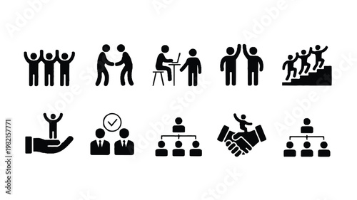 Set of black and white business teamwork icons showing partnership and collaboration