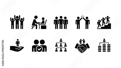 set of black and white business teamwork icons showing various people interactions