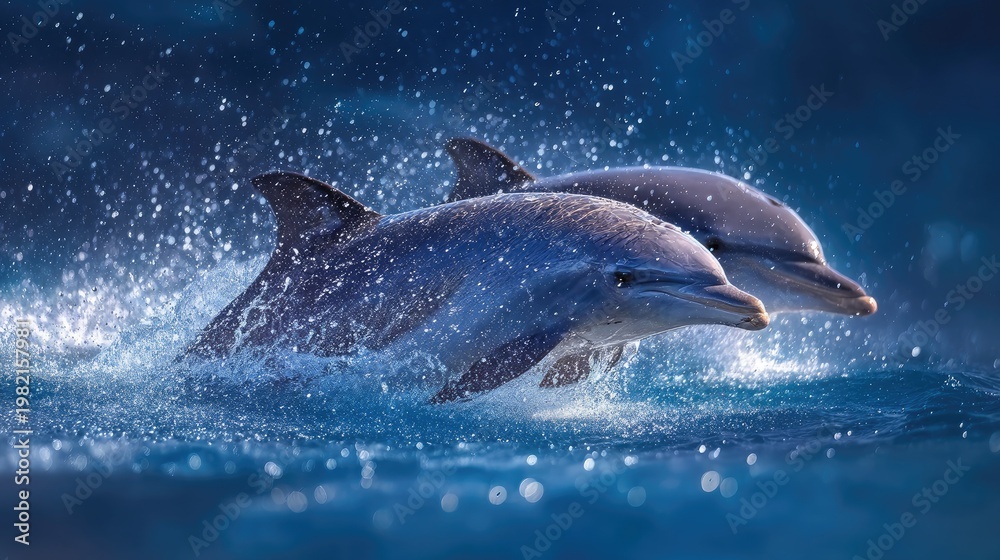 Fototapeta premium Graceful Dolphins Swimming Together in Crystal Clear Ocean Water