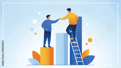 Two businessmen helping each other on a bar graph chart with ladder