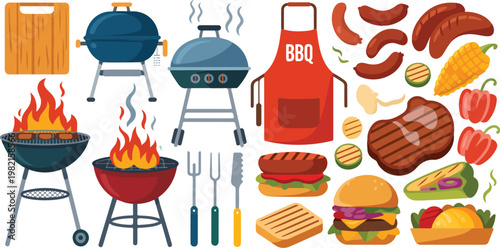 BBQ grill food sticker set with grilled meat, vegetables and barbecue items, flat cartoon vector illustration collection