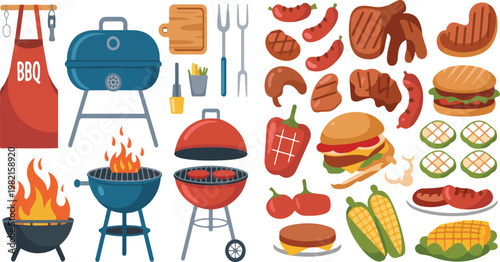 BBQ grill food sticker set with grilled meat, vegetables and barbecue items, flat cartoon vector illustration collection