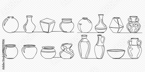 Set of hand-drawn pottery, vases, and jars in various shapes and sizes, isolated on a transparent background.