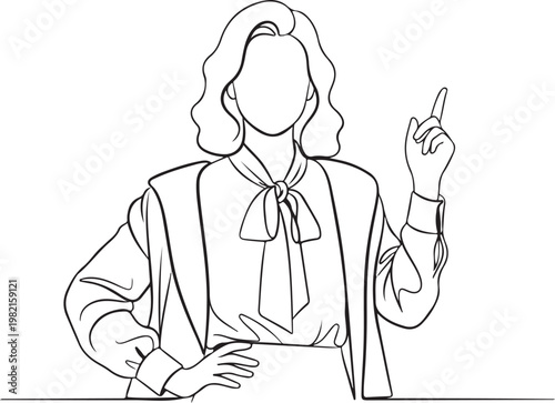 Line drawing of a faceless woman pointing upwards on vector illustration