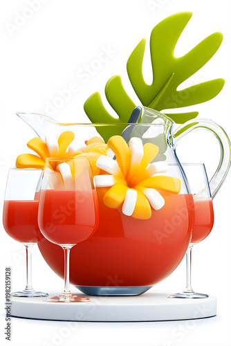 Red Tropical Punch in Glass Pitcher with Flowers and Glasses