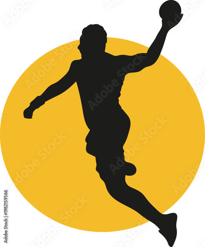 Basketball player silhouette, athletic jump shot, sports icon, yellow circle background
