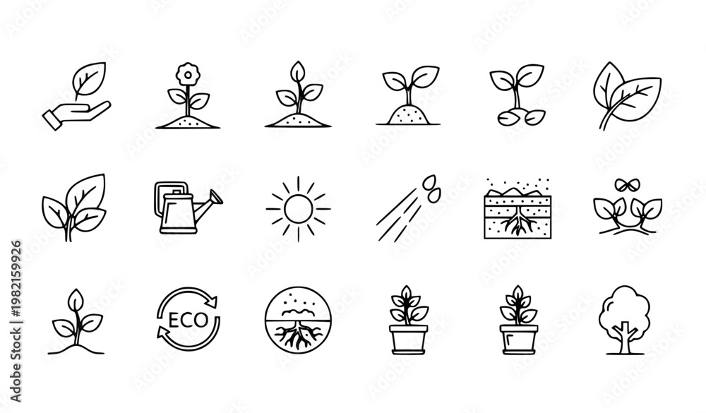 Fototapeta premium Minimal plant outline icons collection pixel perfect 48x48 with eco growth and gardening symbols