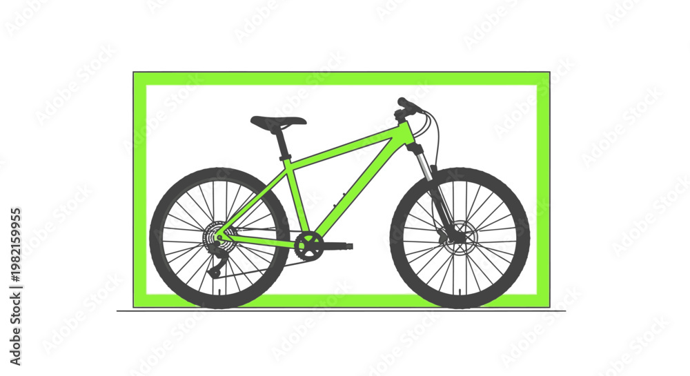 Fototapeta premium Green mountain bike inside a bright neon green frame on a white background, illustration, vector art