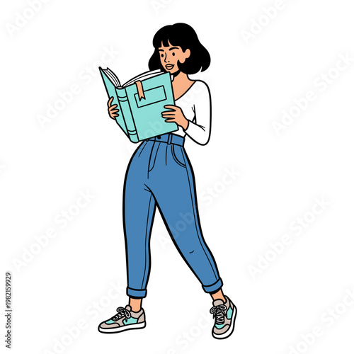 A woman reading a book while walking
