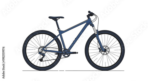 Modern dark blue mountain bike with disc brakes and suspension, isolated on a pure white background, ready for outdoor sports and adventure.