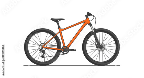 Modern orange mountain bike with suspension fork and disc brakes, isolated on a white background, studio shot.