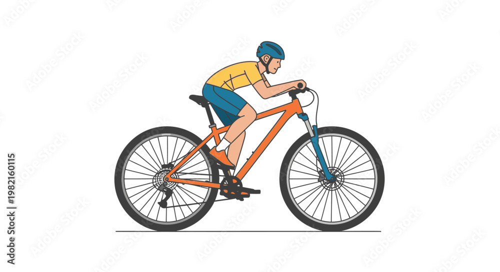 Obraz premium Man riding a mountain bike on a white background, wearing a helmet and cycling gear, active lifestyle