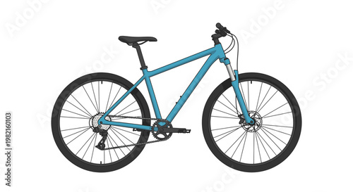Modern teal mountain bike with disc brakes and suspension fork isolated on white background, studio shot