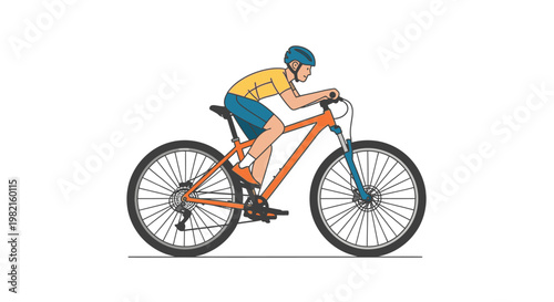 Man riding a mountain bike on a white background, wearing a helmet and cycling gear, active lifestyle