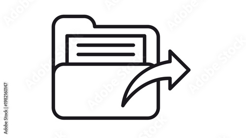 Minimalist black line vector icon of a document folder with a curved arrow pointing out, representing file sharing, data export, sending documents, or folder transfer on a white background.