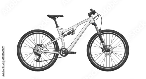 Modern silver full suspension mountain bike isolated on white background, studio shot, clean design