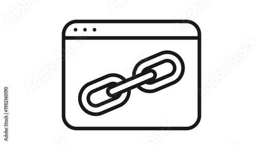 Black vector icon illustration of a web browser window with a chain link symbol, representing link building, hyperlinks, SEO optimization, internet connectivity, and website backlink strategy.