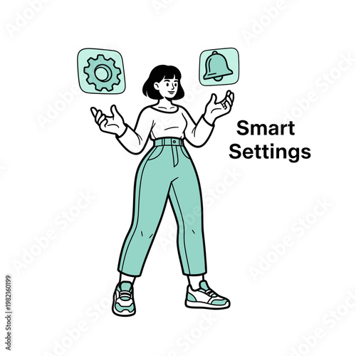 A woman standing in front of smart settings icons